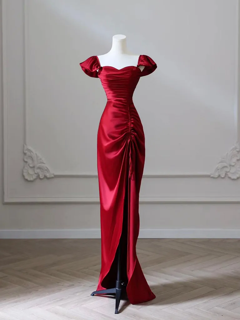 Simple Sweetheart Neck Satin Burgundy Long Prom Dress, Burgundy Long Formal Dress