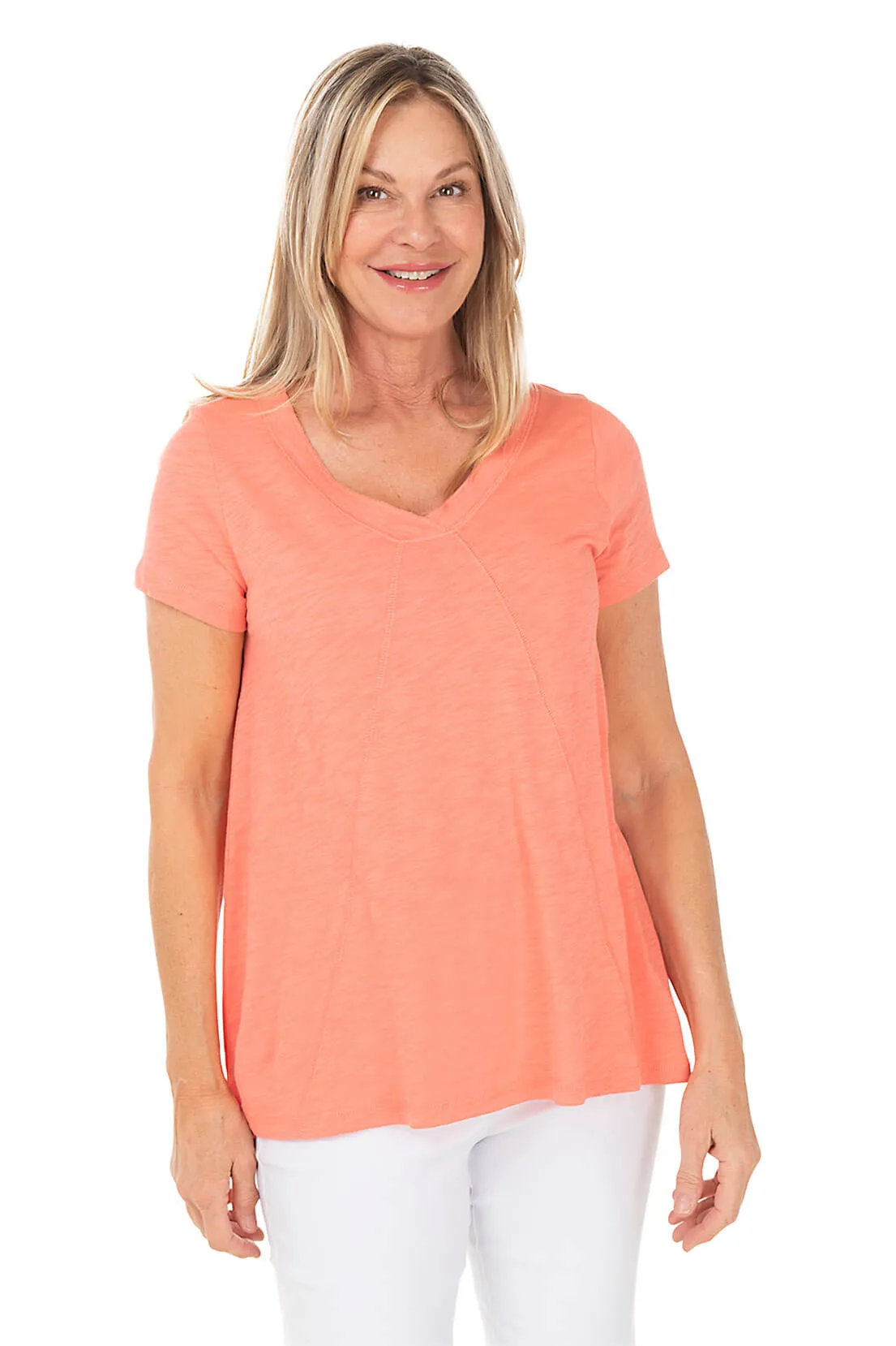 Slub-Knit Short Sleeve Seamed Tunic