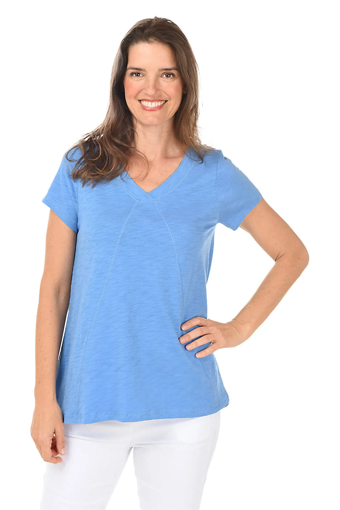 Slub-Knit Short Sleeve Seamed Tunic