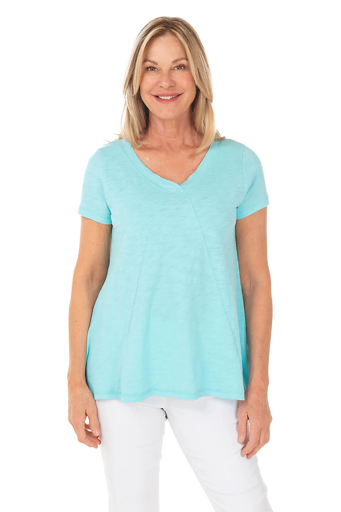 Slub-Knit Short Sleeve Seamed Tunic