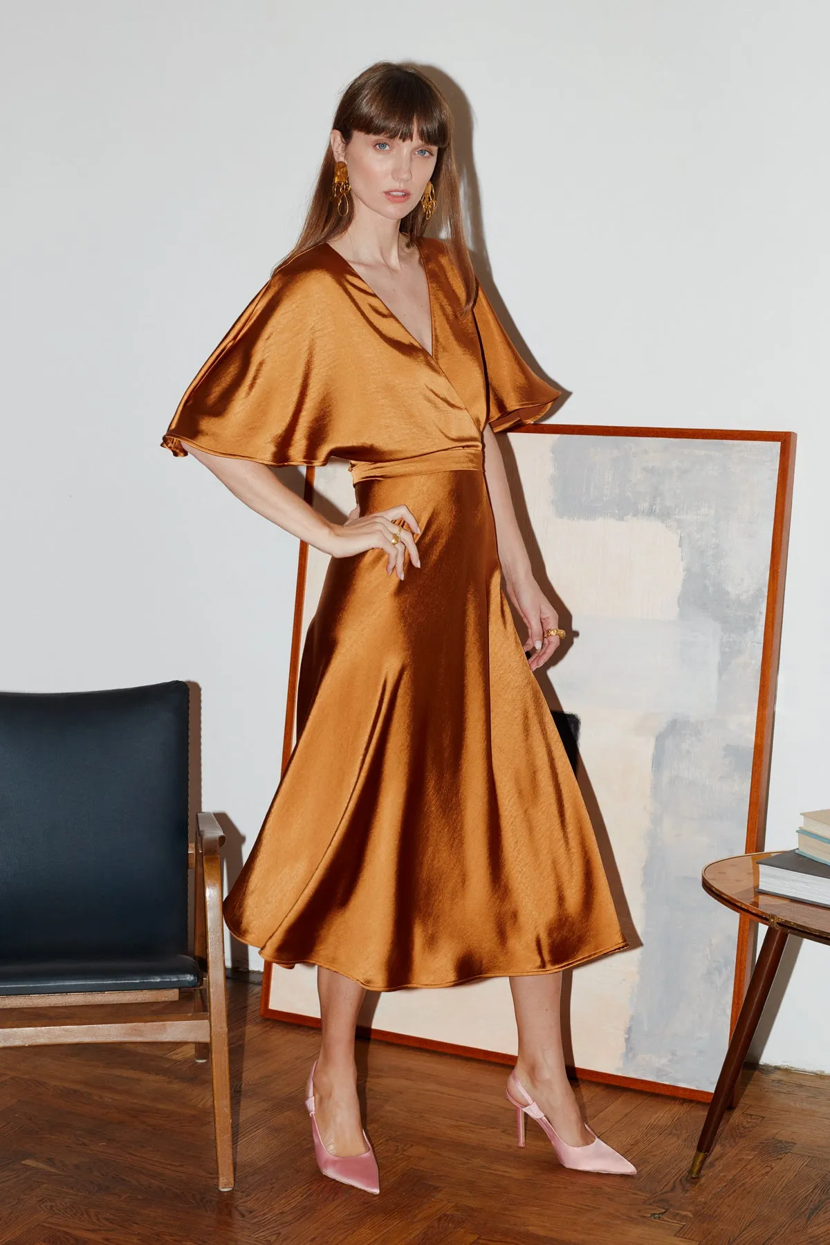 SONYA brown midi dress with butterfly sleeves