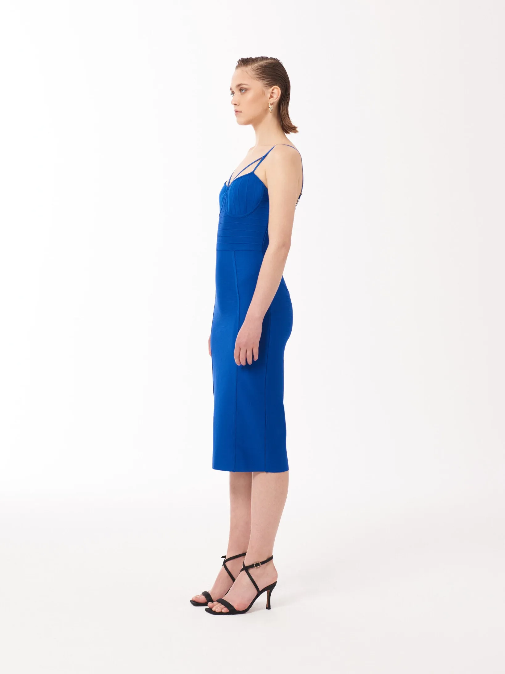 Split Strap Bustier Bandage Midi Dress in Cobalt Blue