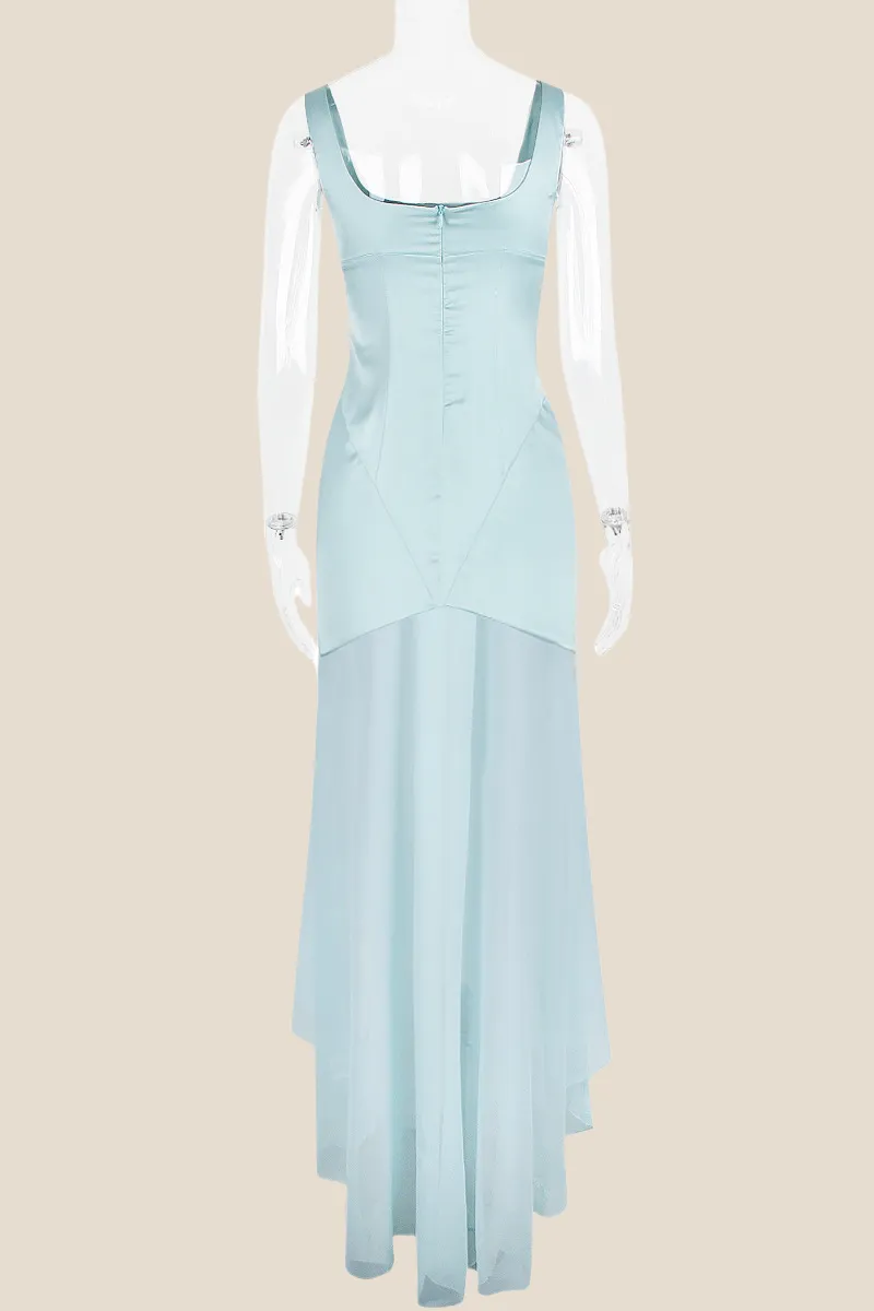 Square Neck Blue Chiffon Spliced Long Dress