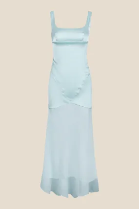 Square Neck Blue Chiffon Spliced Long Dress