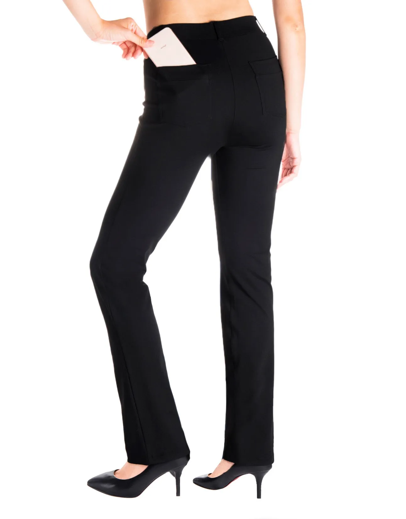 Straight Leg Yoga Dress Pants, Back Pockets (Black)