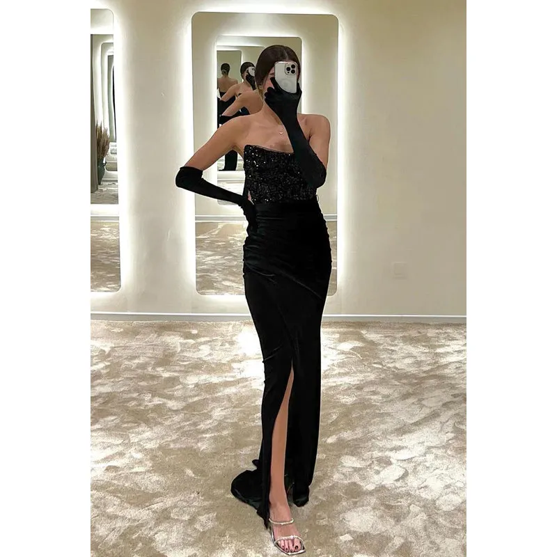 Strapless Sequined Satin Sheath Long Prom Evening Gown With Slit