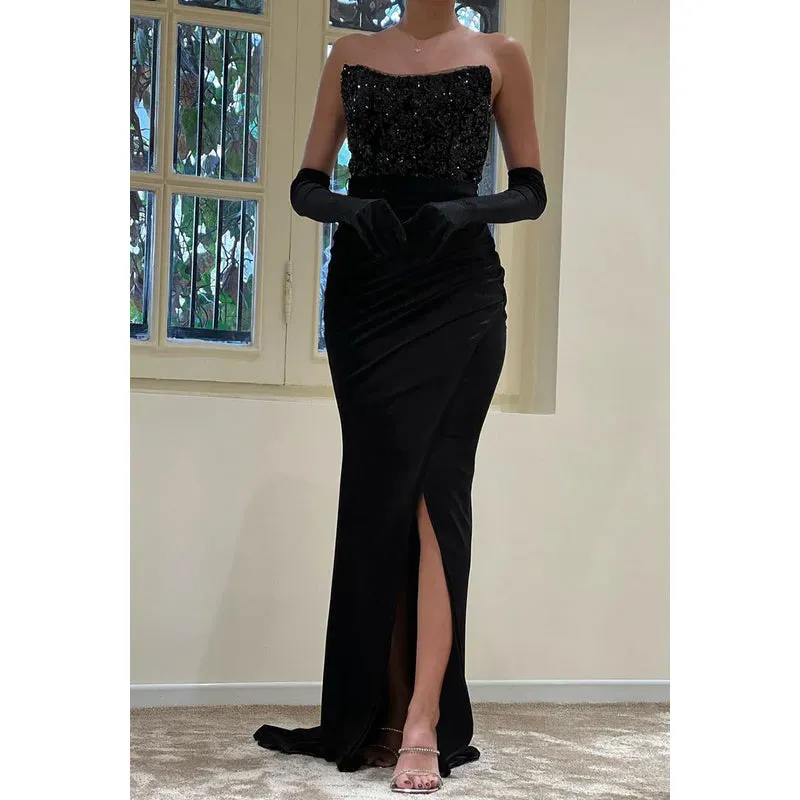 Strapless Sequined Satin Sheath Long Prom Evening Gown With Slit