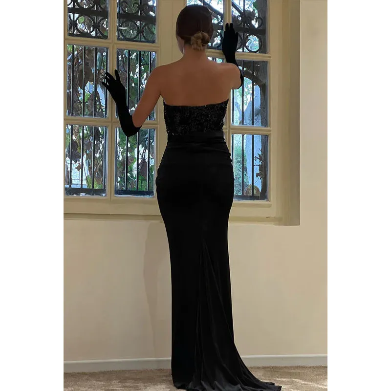 Strapless Sequined Satin Sheath Long Prom Evening Gown With Slit