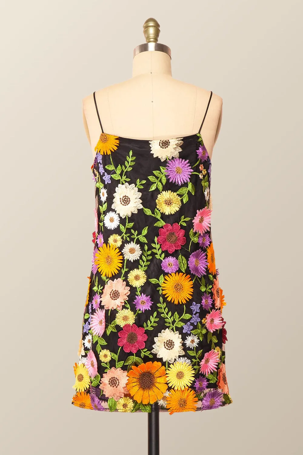 Straps Black Floral A-line Short Dress