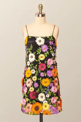 Straps Black Floral A-line Short Dress