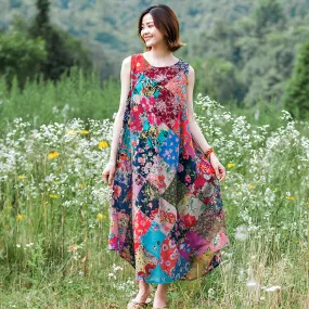 Summer Floral Grid Sleeveless Dress