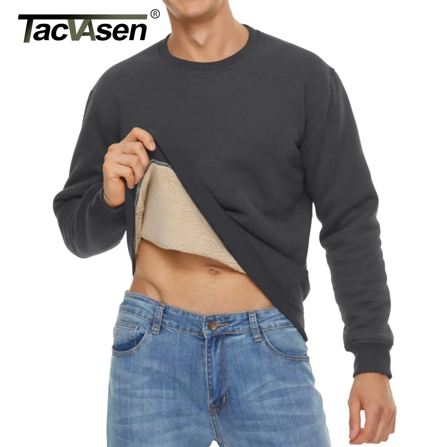 TACVASEN Men's Fleece Crewneck Sweatshirt Warm Sherpa Lined Heavy Thicken Underwear Winter Pullover Tops Shirts No Hood Hoodie