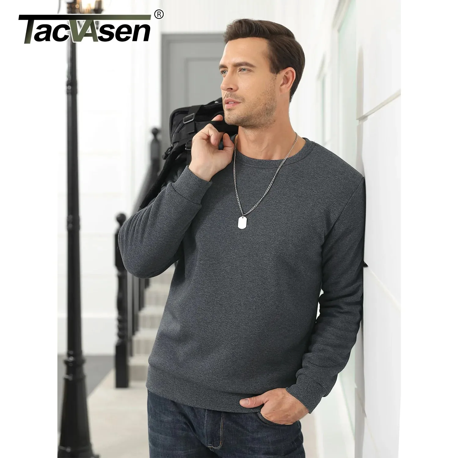 TACVASEN Men's Fleece Crewneck Sweatshirt Warm Sherpa Lined Heavy Thicken Underwear Winter Pullover Tops Shirts No Hood Hoodie