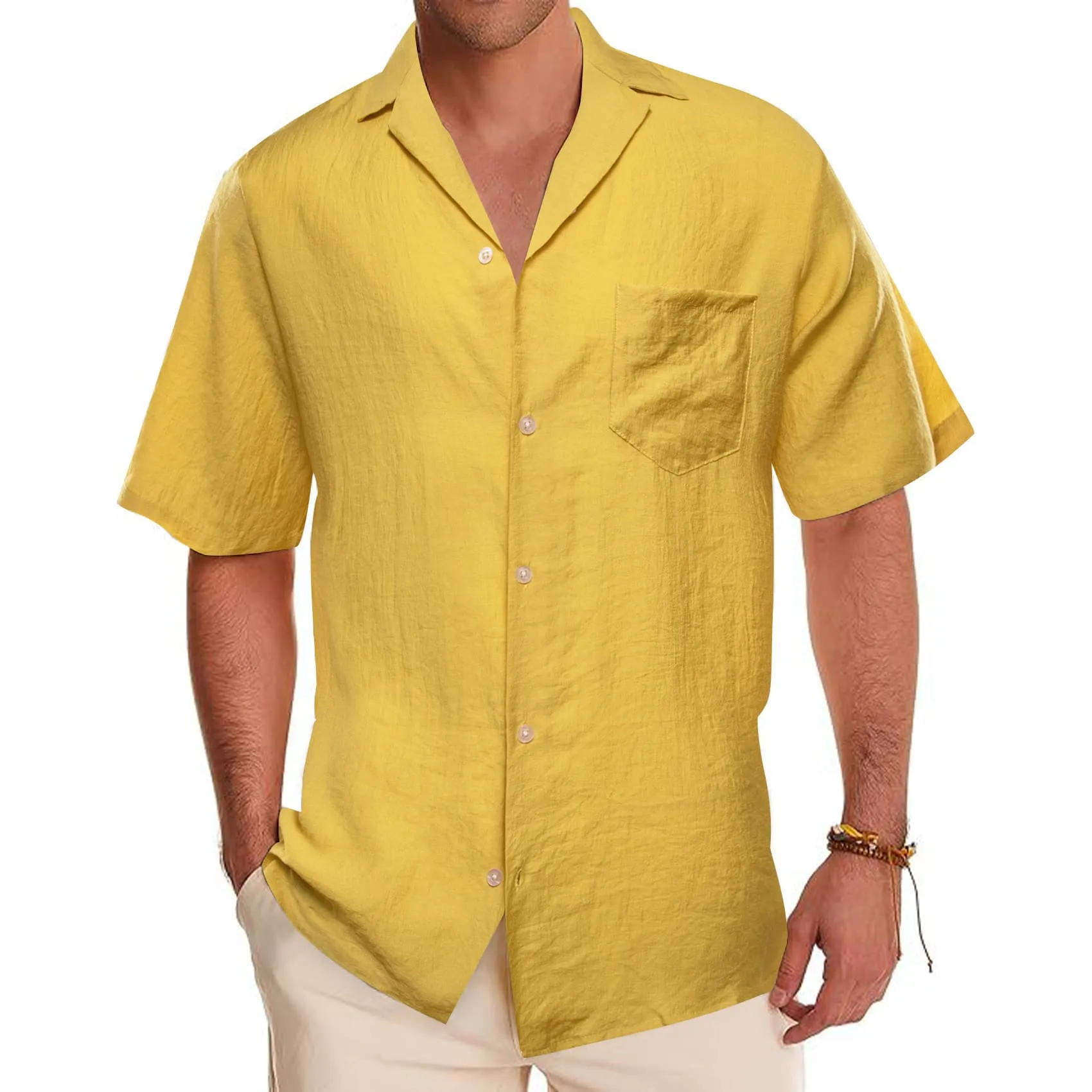 Ties2you Short Sleeve Shirt Butter Yellow Solid Men's Silk Notched Collar Button Down Shirt