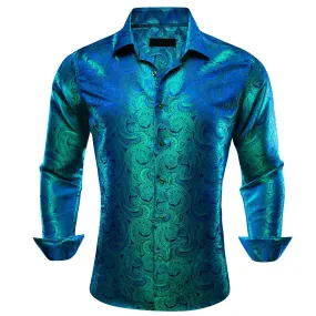 Ties2you Work Shirt Blue Green Paisley Silk Mens Button Down Long Sleeve Dress Shirt Top