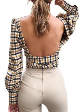 Turtleneck Plaid Printed Lace up Blouse