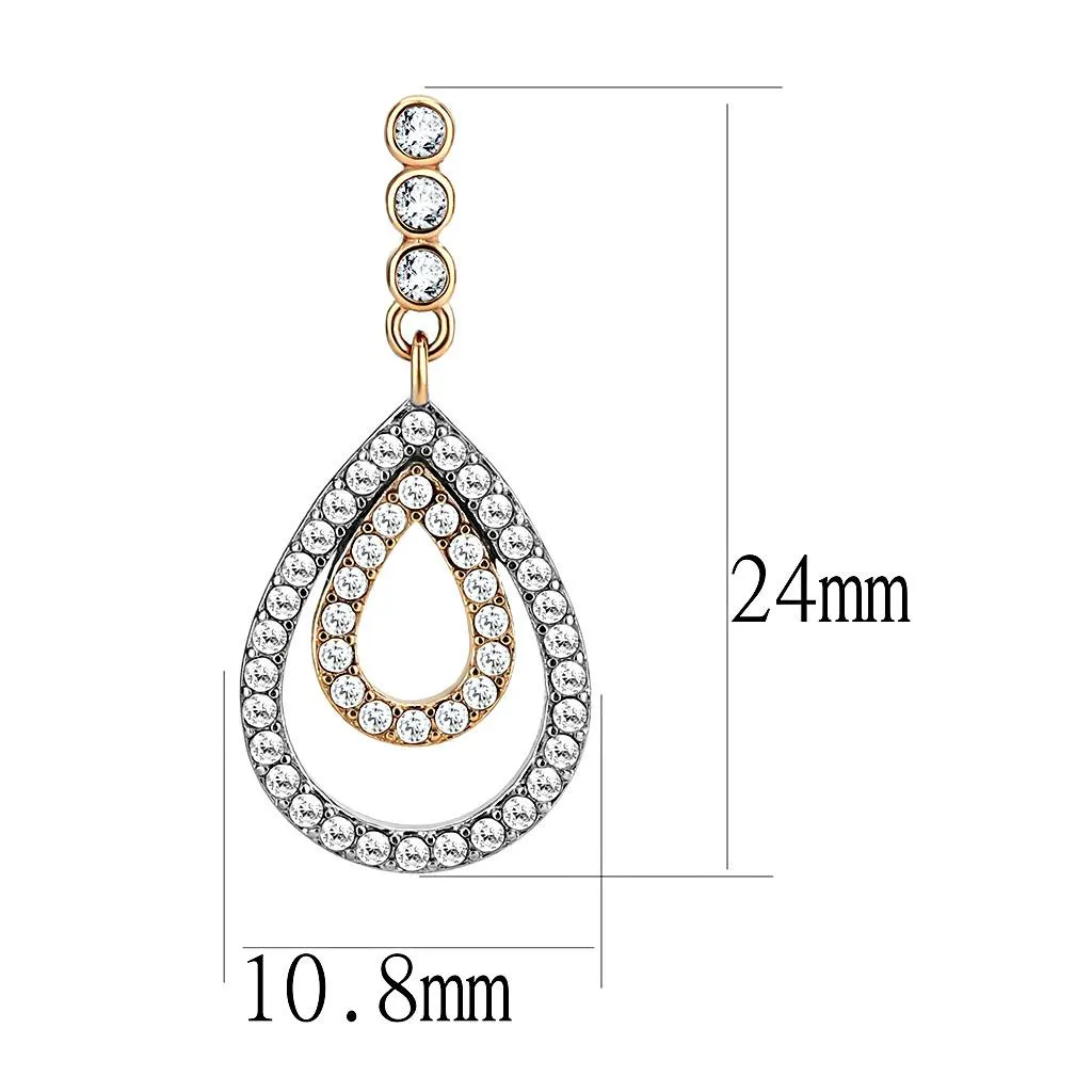 Two-Tone IP Rose Gold Stainless Steel Earrings with AAA Grade CZ in Clear for Women Clear Stone Color Style DA227