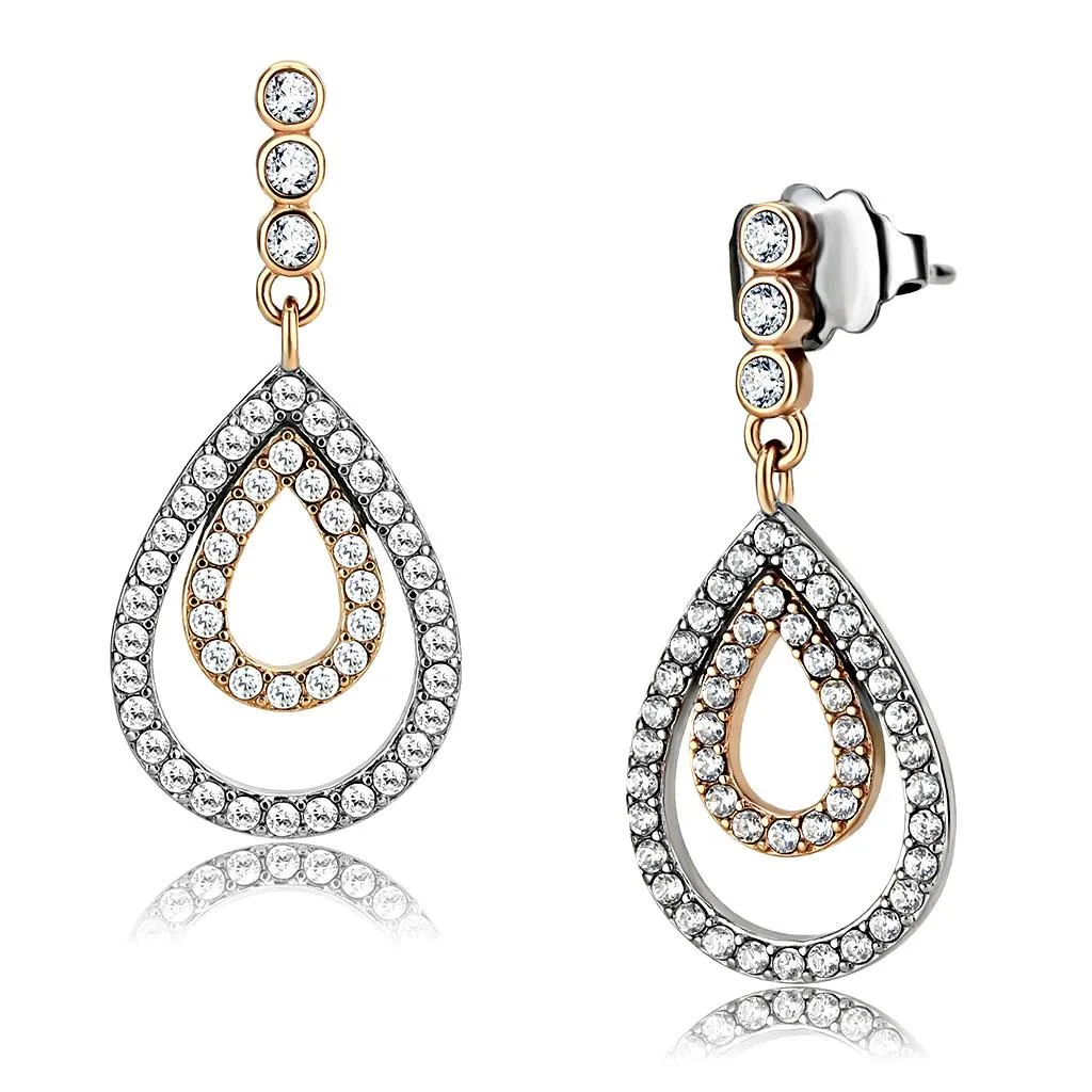 Two-Tone IP Rose Gold Stainless Steel Earrings with AAA Grade CZ in Clear for Women Clear Stone Color Style DA227