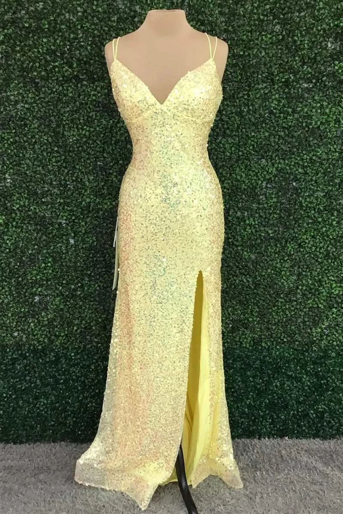 V Neck Mermaid Yellow Sequins Long Prom Dress with High Slit, Mermaid Yellow Formal Graduation Evening Dress A1790