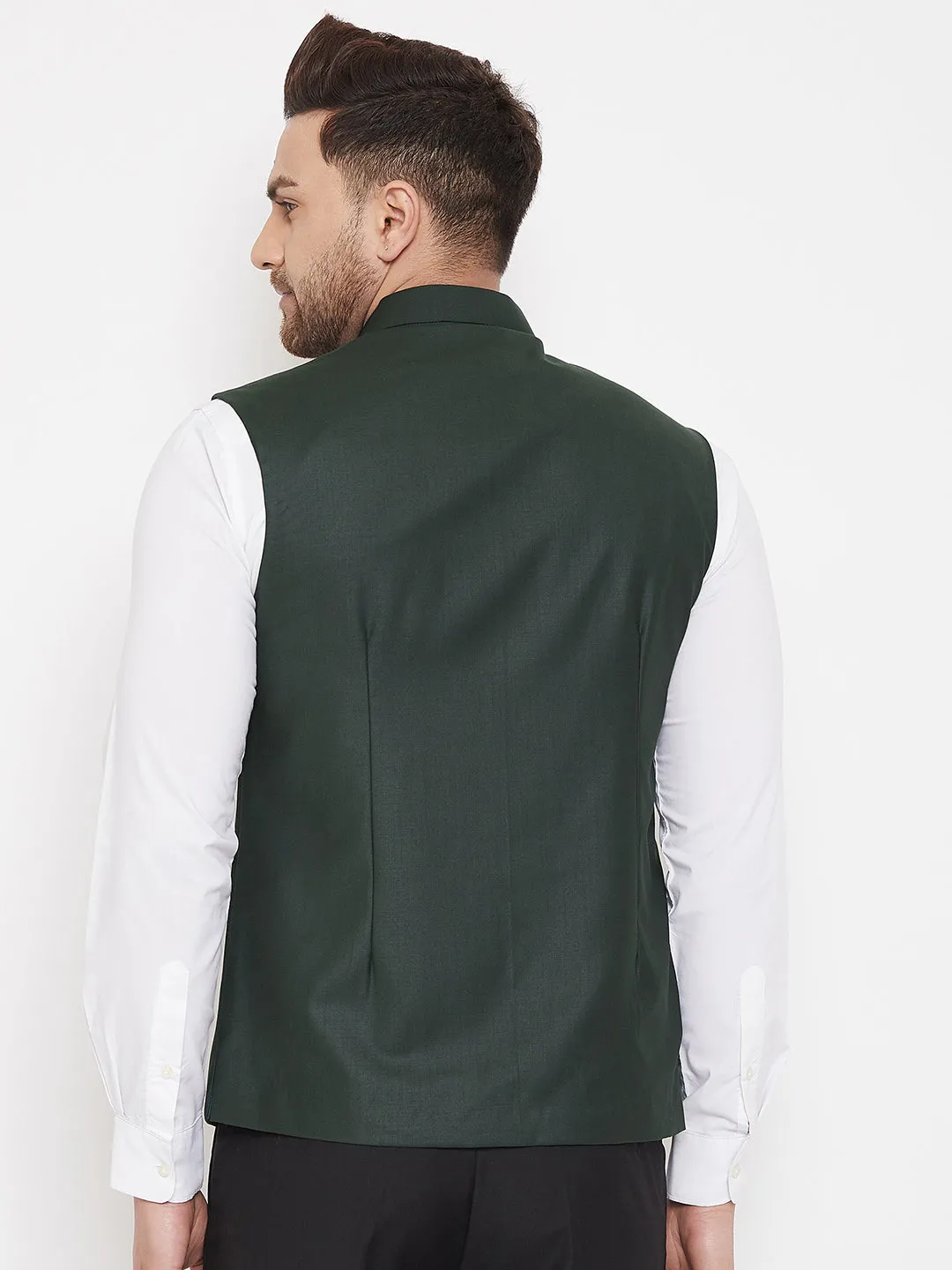 VASTRAMAY Bottle Green Solid Embellished Zardozi Nehru Jacket