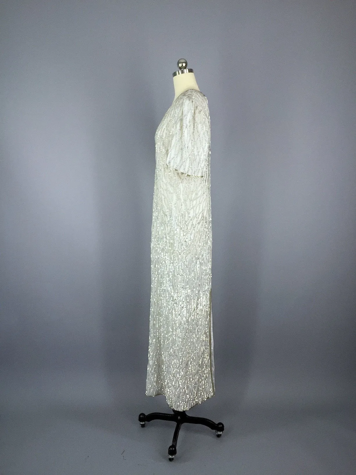 Vintage 80s Dress / Silver White Beaded Dress