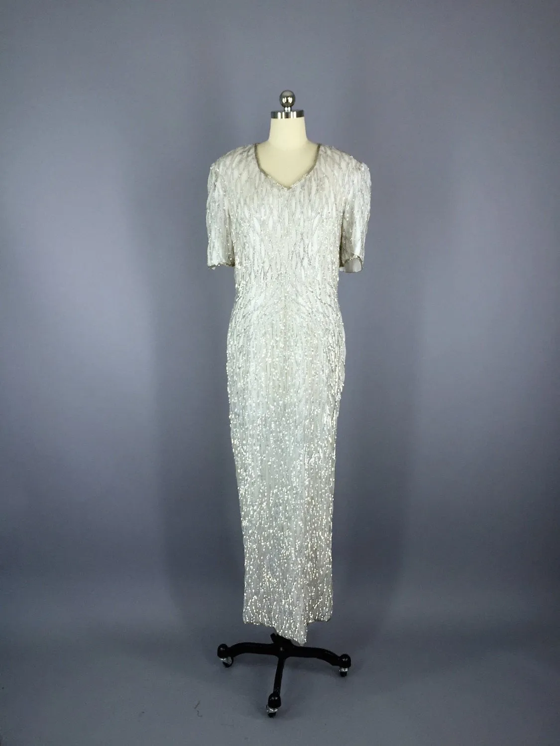 Vintage 80s Dress / Silver White Beaded Dress