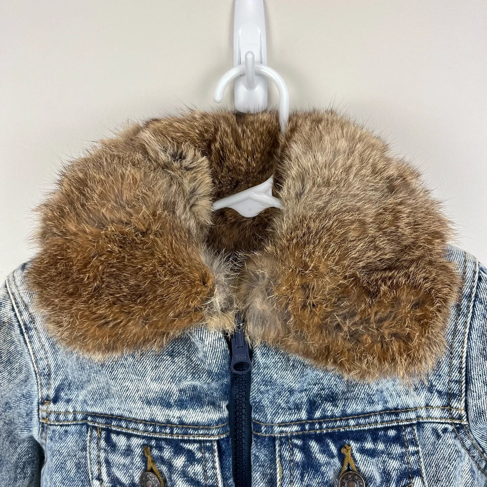 Vintage Fur Lined Acid Wash Denim Bomber Jacket