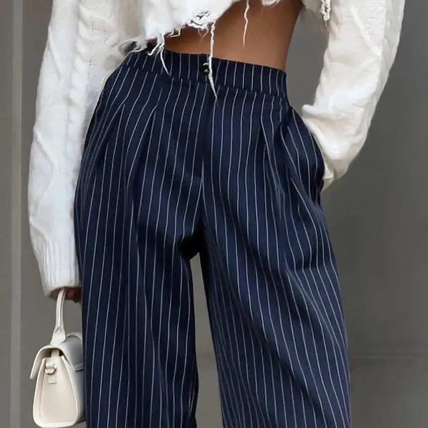 Wenkouban business casual women outfits chic Women's High Waist Straight Wide-Leg Pants Autumn and Winter New Navy Blue Striped Fashion Casual Trousers