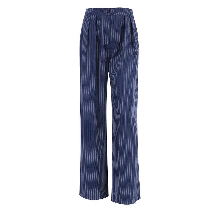 Wenkouban business casual women outfits chic Women's High Waist Straight Wide-Leg Pants Autumn and Winter New Navy Blue Striped Fashion Casual Trousers