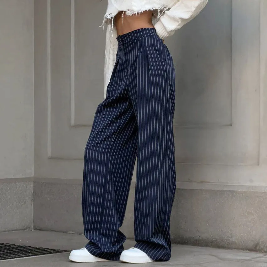 Wenkouban business casual women outfits chic Women's High Waist Straight Wide-Leg Pants Autumn and Winter New Navy Blue Striped Fashion Casual Trousers