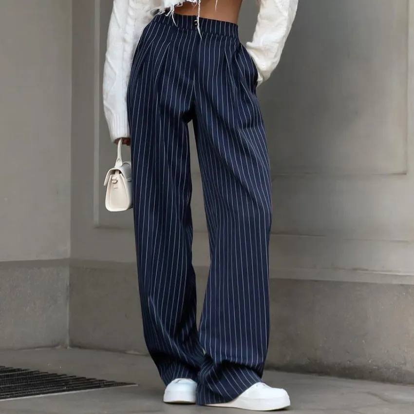 Wenkouban business casual women outfits chic Women's High Waist Straight Wide-Leg Pants Autumn and Winter New Navy Blue Striped Fashion Casual Trousers