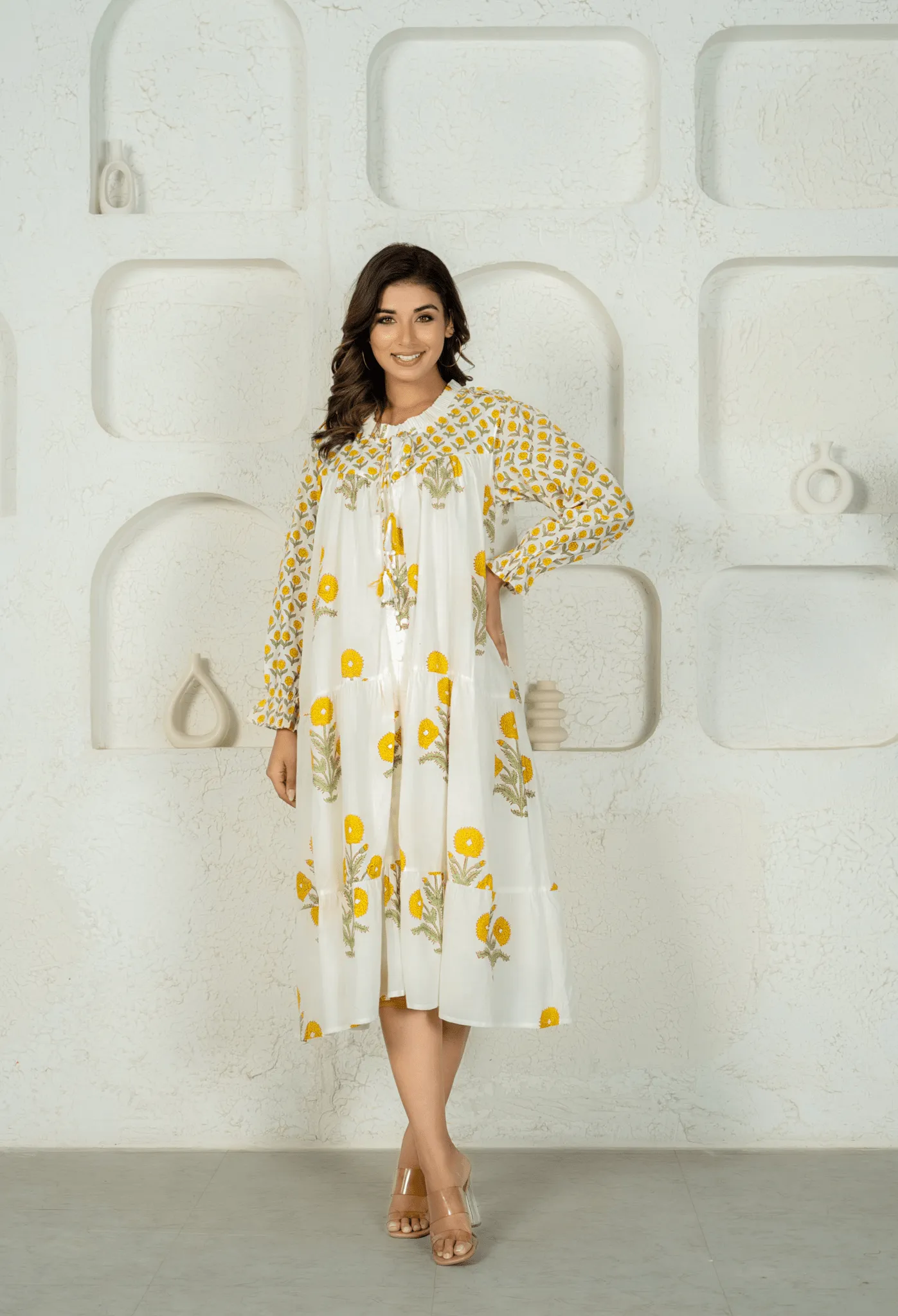 WHITE YELLOW FLORAL BUTA HAND BLOCK PRINTED DRESS