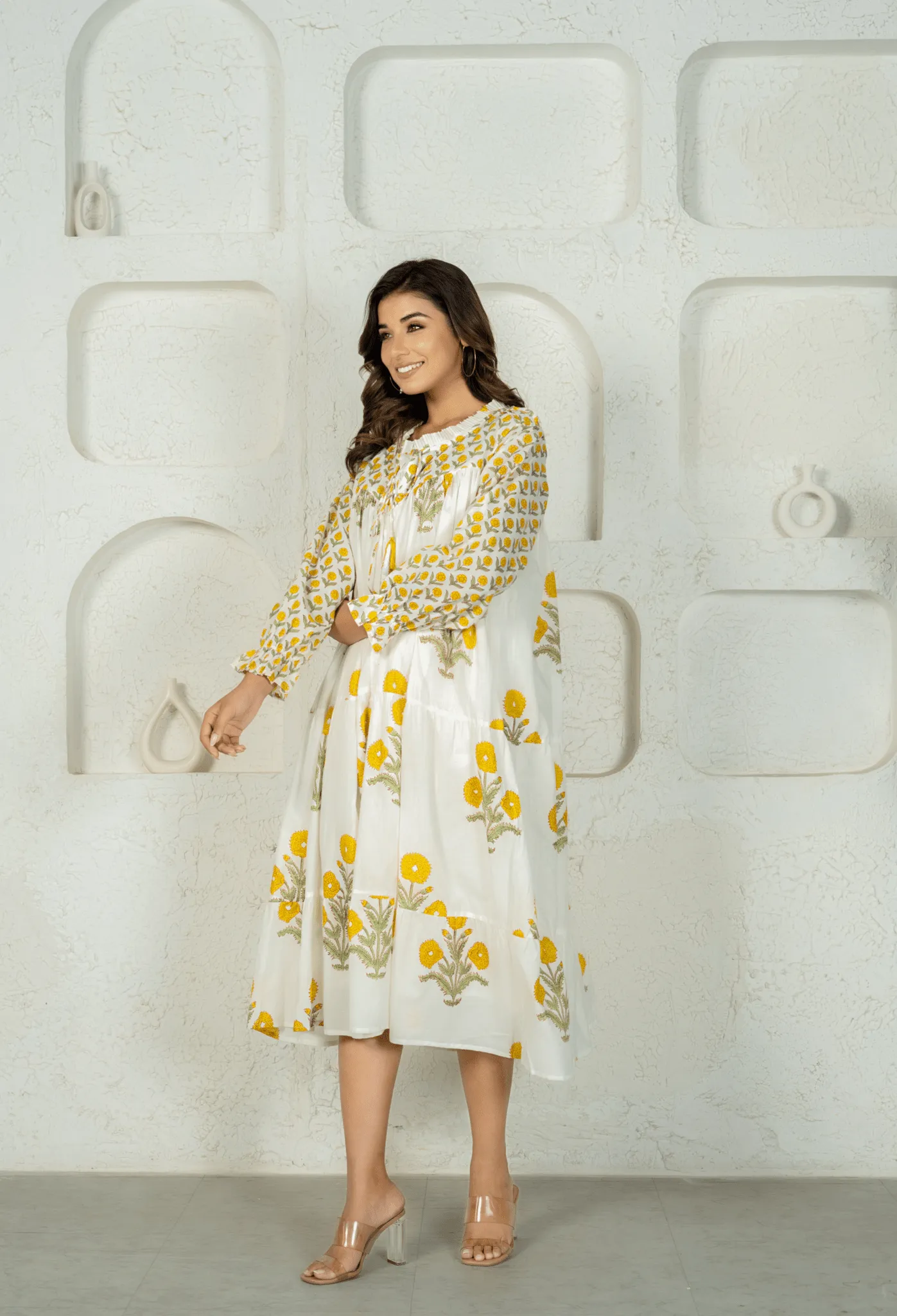 WHITE YELLOW FLORAL BUTA HAND BLOCK PRINTED DRESS