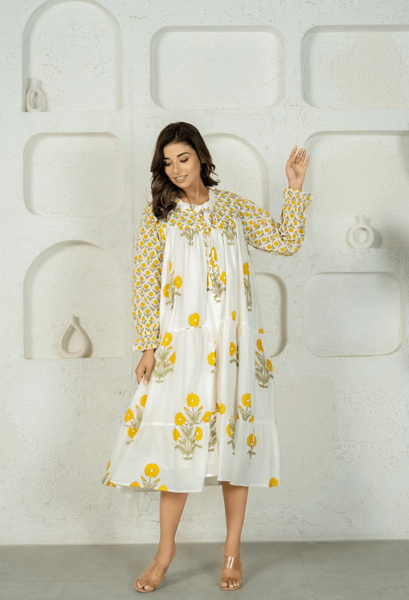 WHITE YELLOW FLORAL BUTA HAND BLOCK PRINTED DRESS