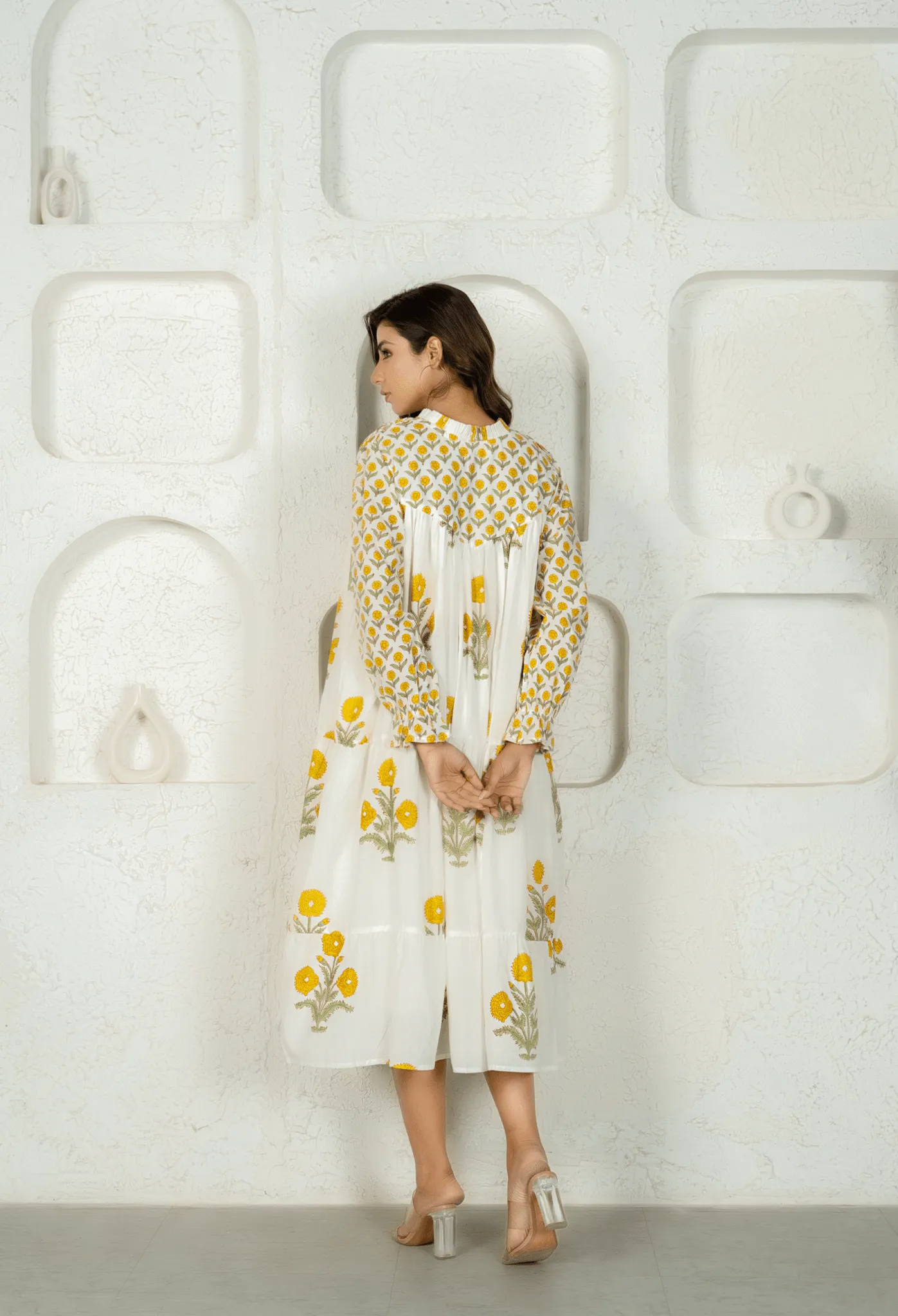 WHITE YELLOW FLORAL BUTA HAND BLOCK PRINTED DRESS