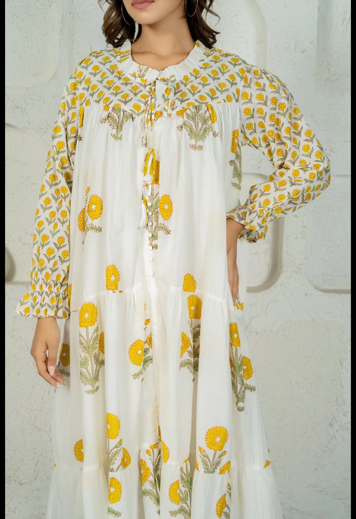 WHITE YELLOW FLORAL BUTA HAND BLOCK PRINTED DRESS