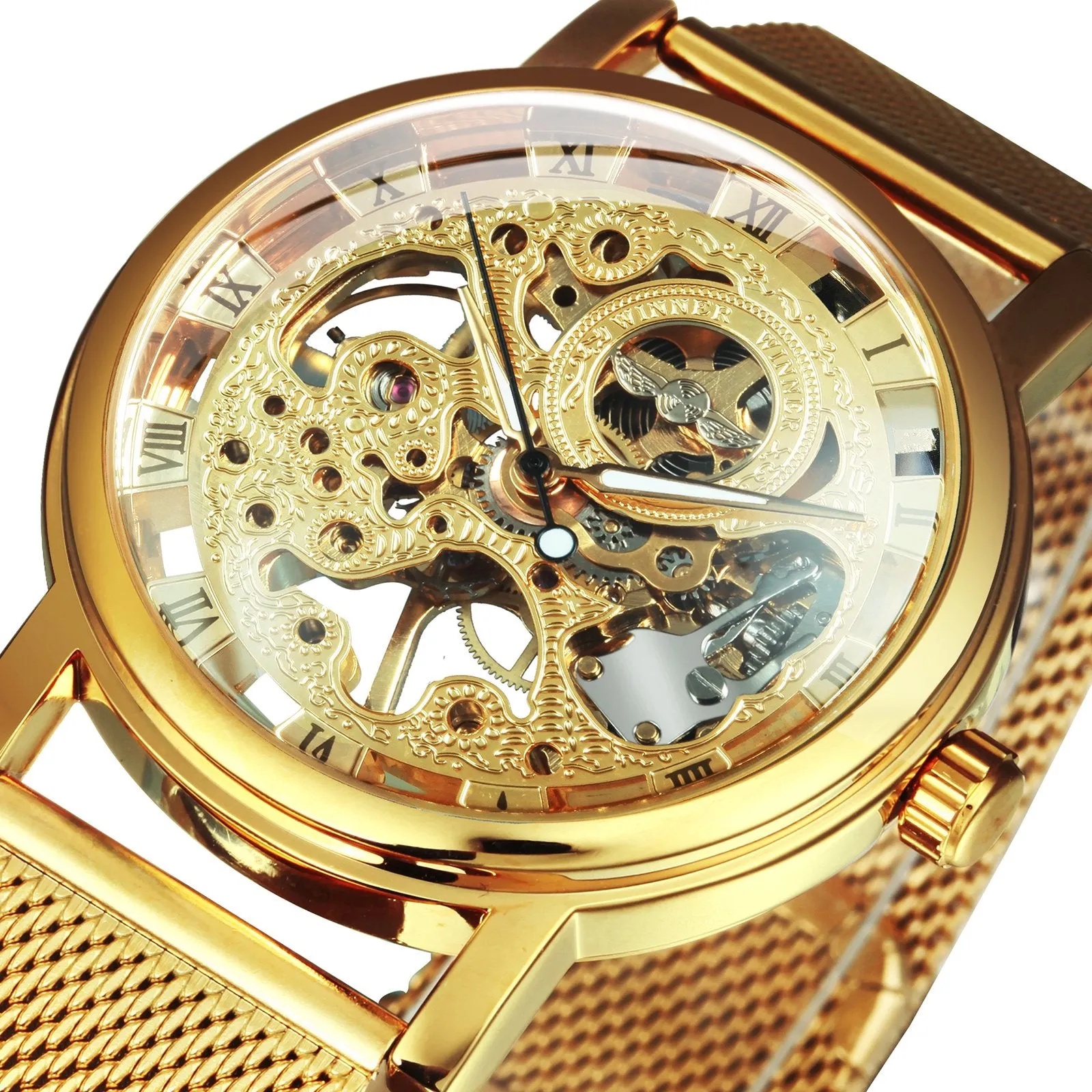 WINNER Mechanical Watch Men Ultra Thin Golden Mesh Strap Top Brand Luxury Classic Carving Skeleton Mechanical Unisex Wristwatch