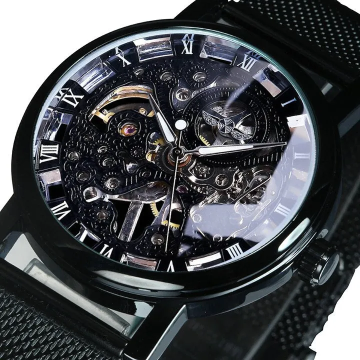 WINNER Mechanical Watch Men Ultra Thin Golden Mesh Strap Top Brand Luxury Classic Carving Skeleton Mechanical Unisex Wristwatch