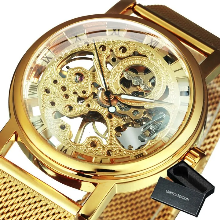 WINNER Mechanical Watch Men Ultra Thin Golden Mesh Strap Top Brand Luxury Classic Carving Skeleton Mechanical Unisex Wristwatch