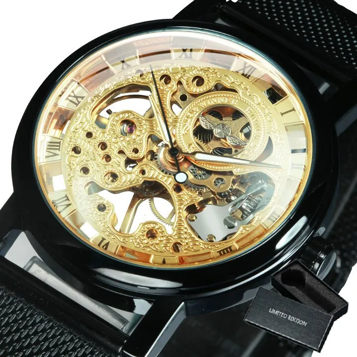 WINNER Mechanical Watch Men Ultra Thin Golden Mesh Strap Top Brand Luxury Classic Carving Skeleton Mechanical Unisex Wristwatch