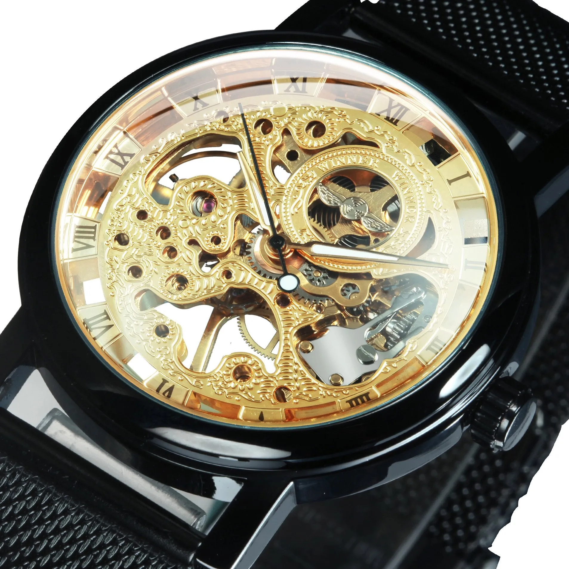 WINNER Mechanical Watch Men Ultra Thin Golden Mesh Strap Top Brand Luxury Classic Carving Skeleton Mechanical Unisex Wristwatch