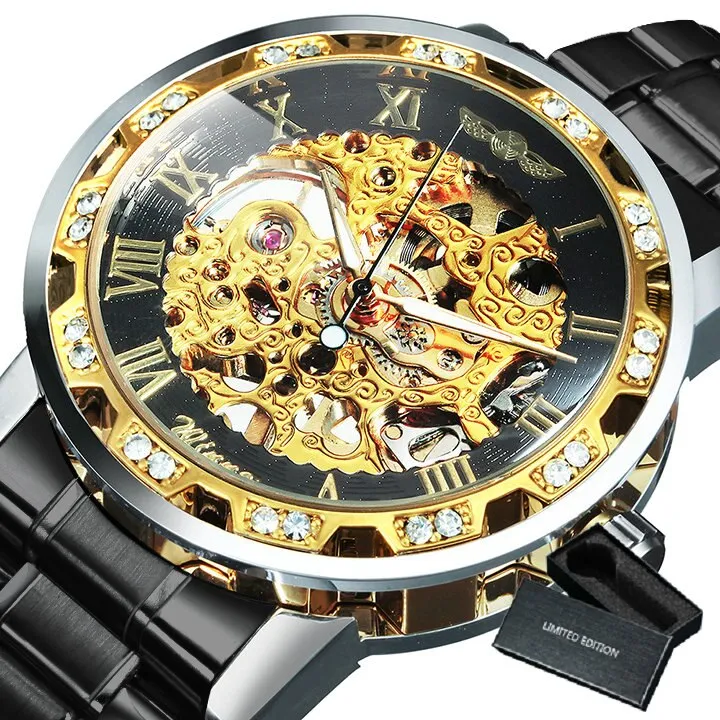 WINNER Top Brand Luxury Mechanical Mens Watches Dial Carving Skeleton Watch Stainless Steel Strap Classic Dress Wrist Watches