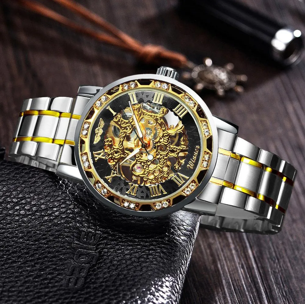 WINNER Top Brand Luxury Mechanical Mens Watches Dial Carving Skeleton Watch Stainless Steel Strap Classic Dress Wrist Watches