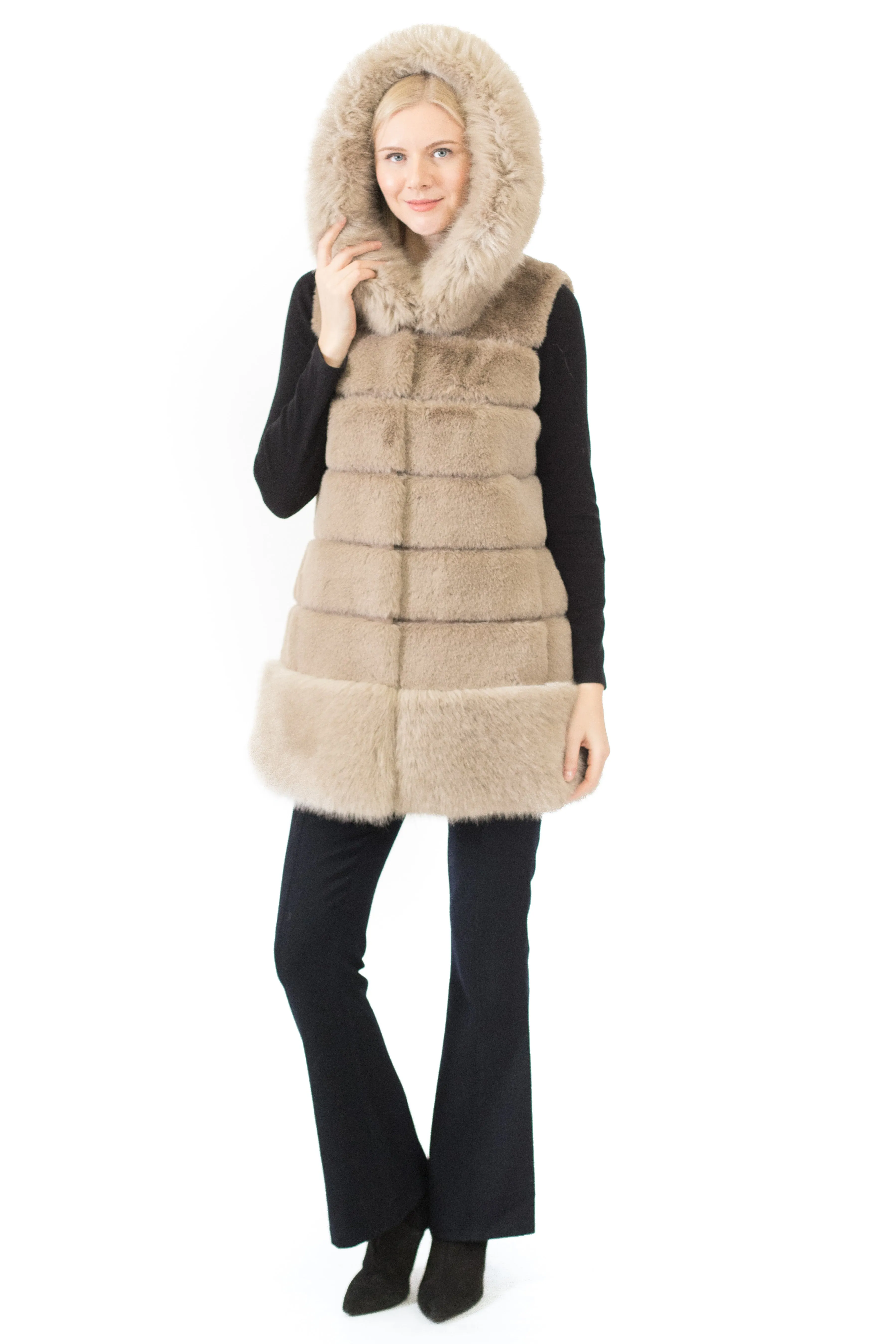 WINSOR - Long Fur Fur Vest with Oversized Hood