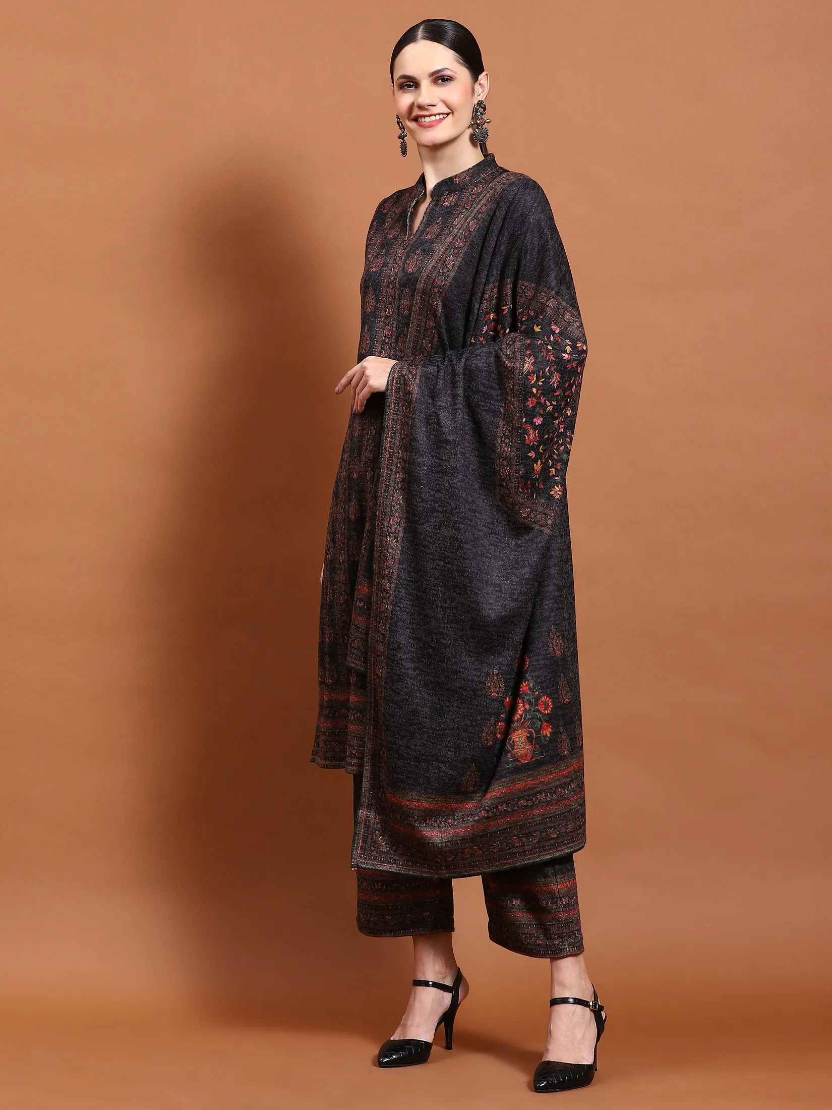 Winter Women Black Printed Kurta Bottom Dupatta