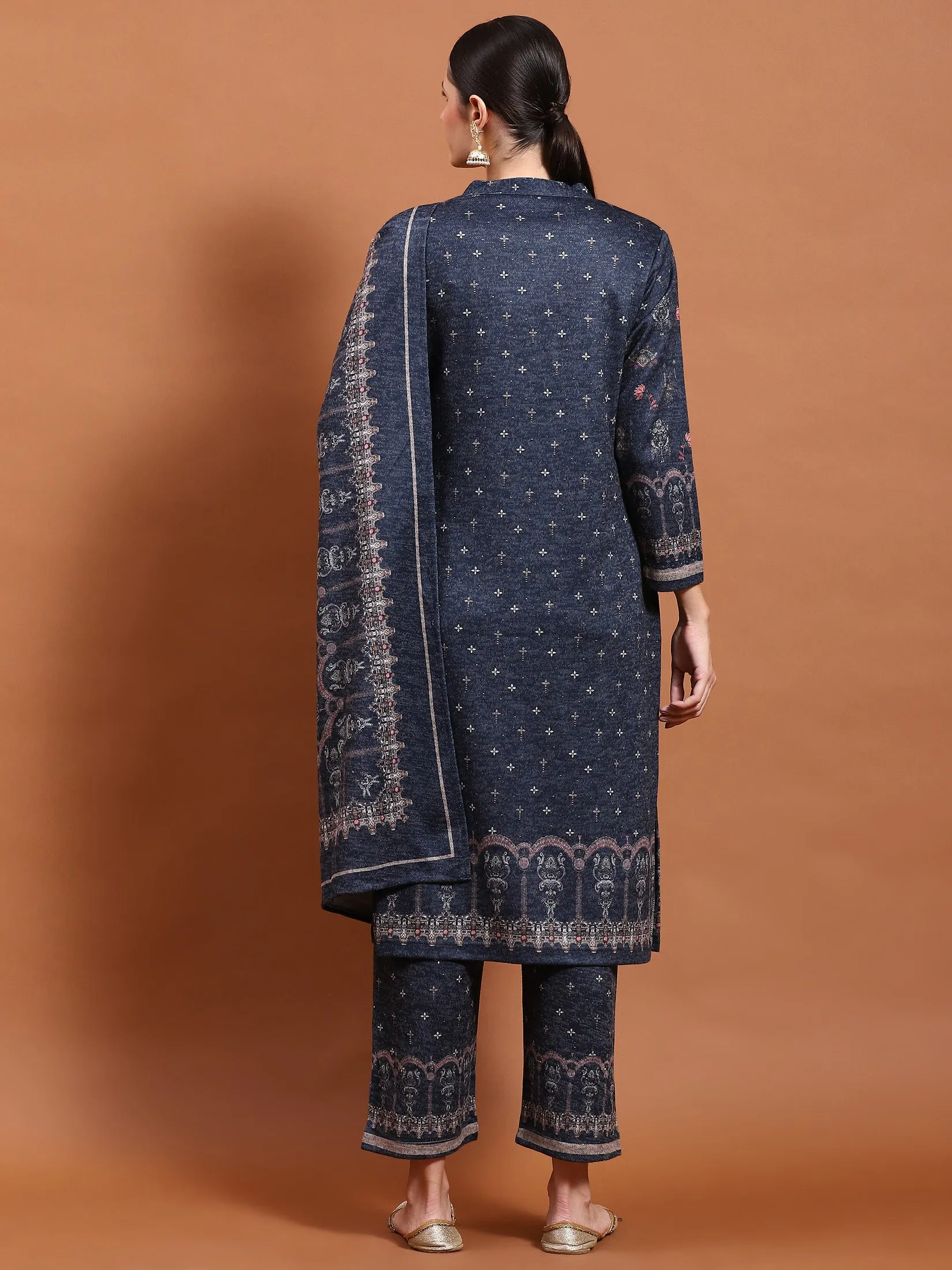 Winter Women Grey Printed Kurta Bottom Dupatta