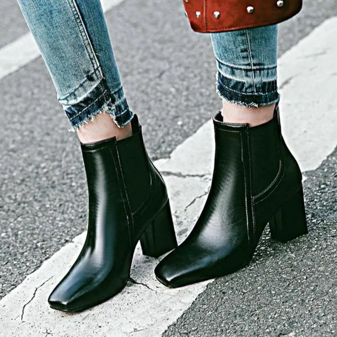 Women ankle square toed chunk heel chelsea boots