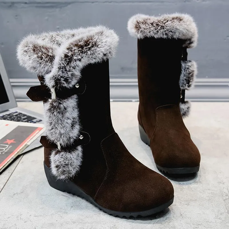 Women buckle straps thick faux fur wedge mid calf snow boots