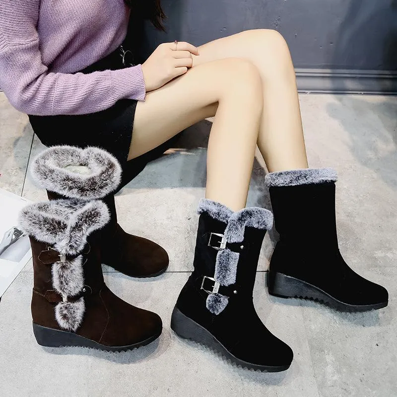 Women buckle straps thick faux fur wedge mid calf snow boots