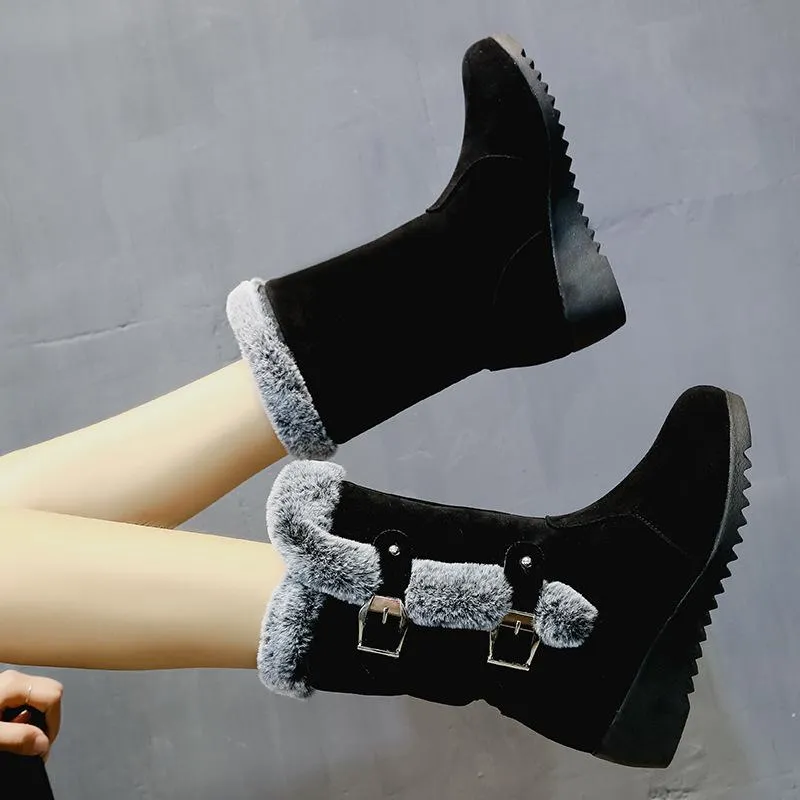 Women buckle straps thick faux fur wedge mid calf snow boots